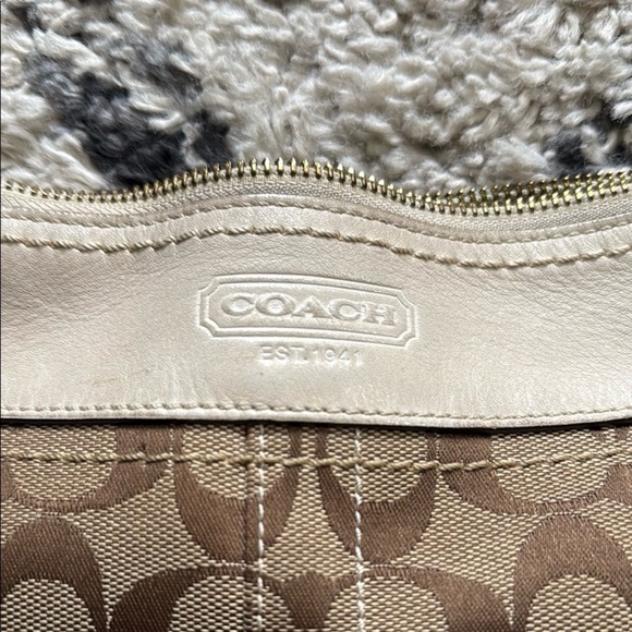 Coach Tan and Brown Signature C Tote Crossbody Bag with White Leather Strap - Picture 2 of 11